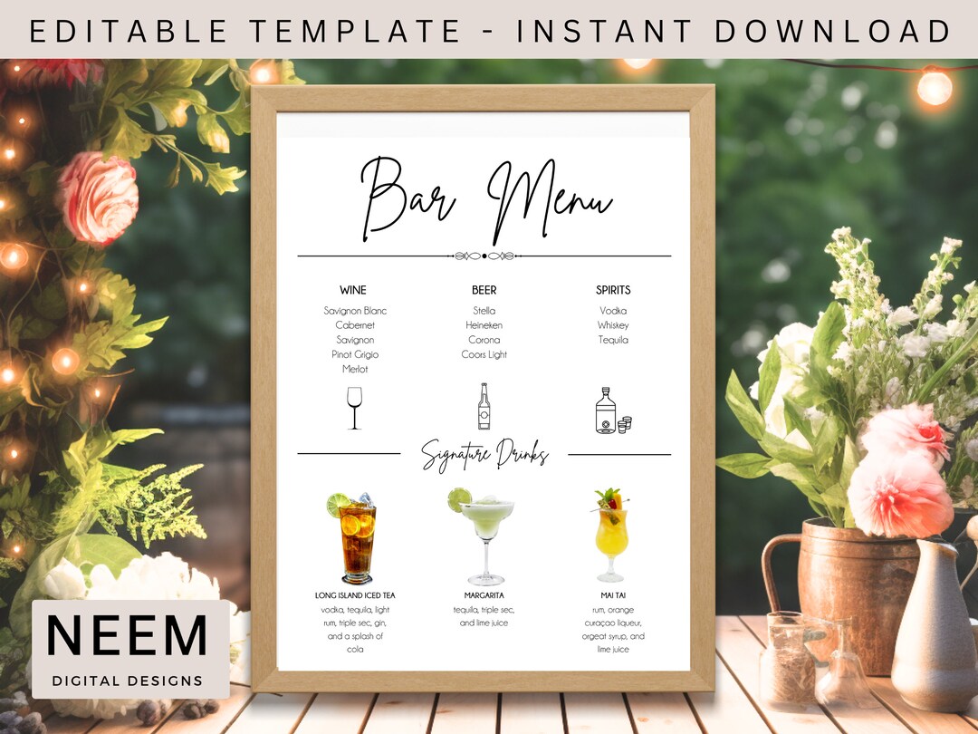 Bar Menu Template, Editable Drink Menu Template, Minimalist Cocktail ...