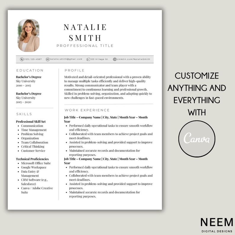 Resume Template Canva With Cover Letter & References, 1 and 2 Page CV ...