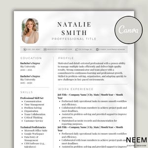May include: A professional CV template featuring a headshot, name, and contact details. The CV includes sections for education, skills, and work experience. The design is clean and modern, with a light background and dark text.