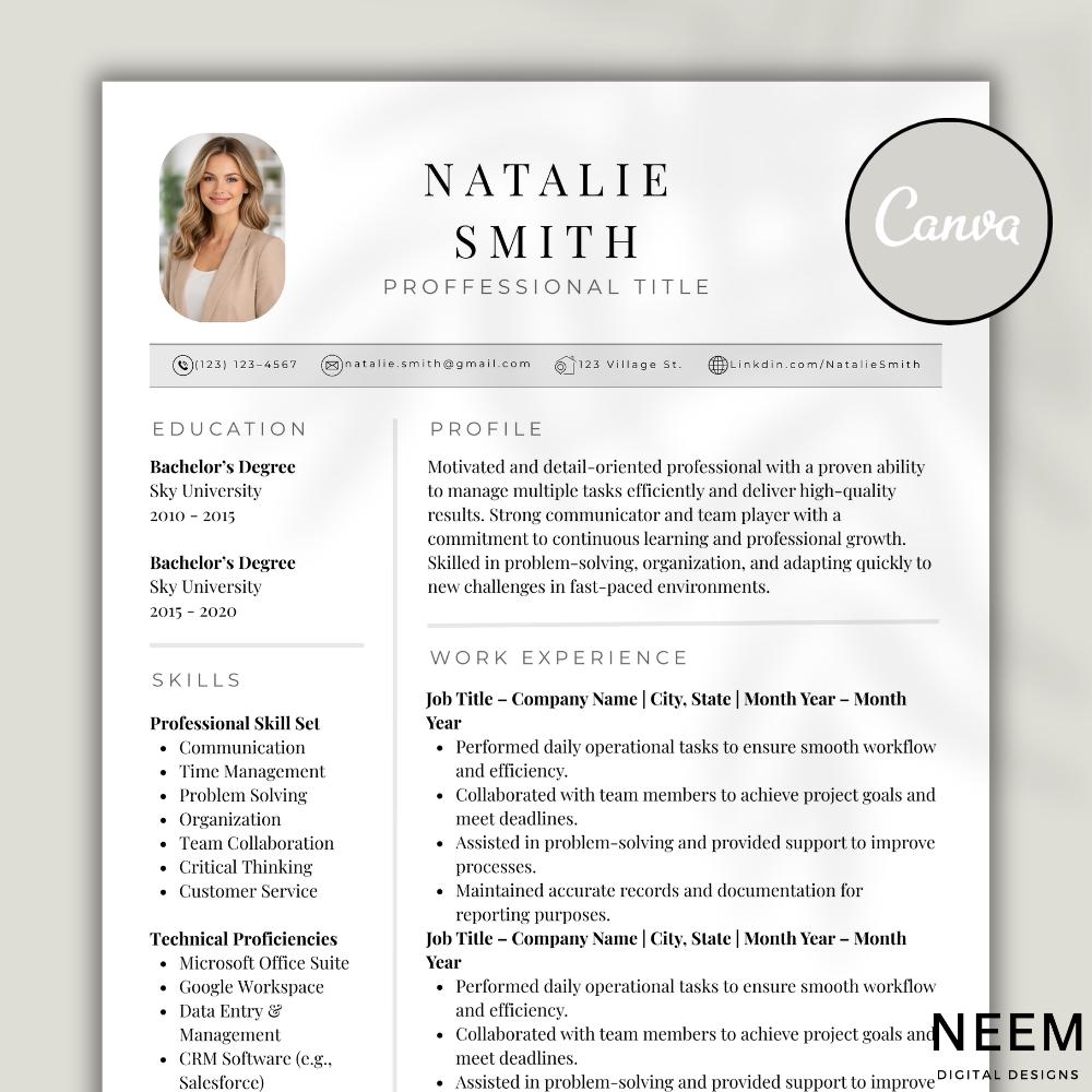 Resume Template Canva With Cover Letter & References, 1 and 2 Page CV ...