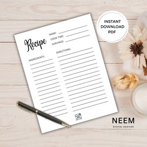 Puede incluir: Una plantilla de receta imprimible con secciones para el nombre, el tiempo de cocción, las porciones, los ingredientes y las instrucciones. La plantilla tiene un diseño en blanco y negro con un simple icono de tenedor y cuchillo en la parte inferior.