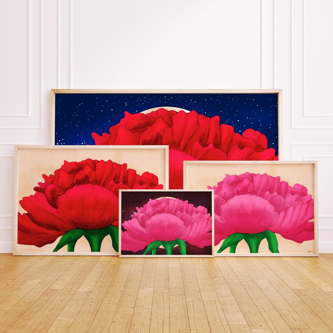 Red Roz Print Rose Print Set: Red and Pink Floral Art With Moon & Stars (digital ...