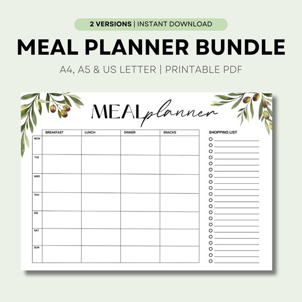 Printable Weekly Meal Planner, Family Meal Plan Template, Daily Meal Prep Tracker, Food Journal, Grocery Shopping List, Instant Download