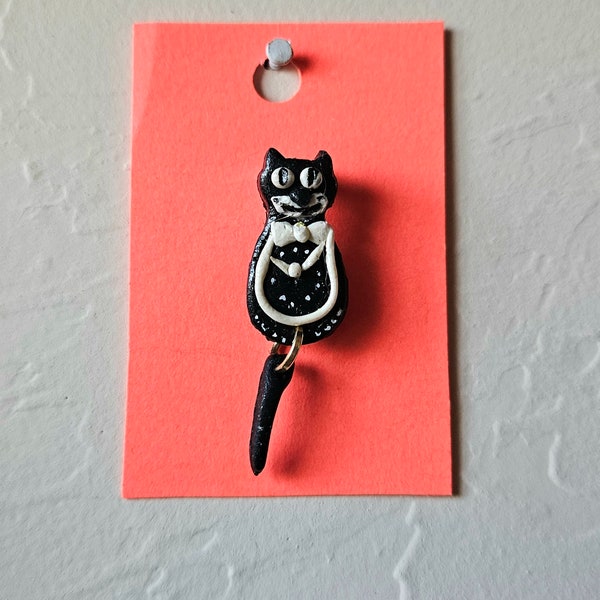 Vintage Cat Clock With Swinging Tail Pin // Handmade Brooch // Hand-Sculpted With Polymer Clay // "Meow or Later?" Pin // Quirky Accessories