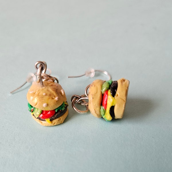 Realistic Cheeseburger Clip-On + Dangle Earrings or Necklace // Hand-Sculpted With Lightweight Polymer Clay // Handmade Tiny Food Jewelry