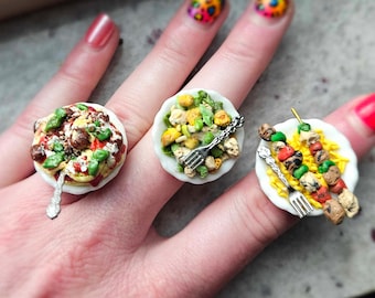 Super Realistic Food Rings: Spaghetti & Meatballs, Salads + Shish Kebabs // Statement Ring // Handmade Tiny Food Jewelry // Polymer Clay