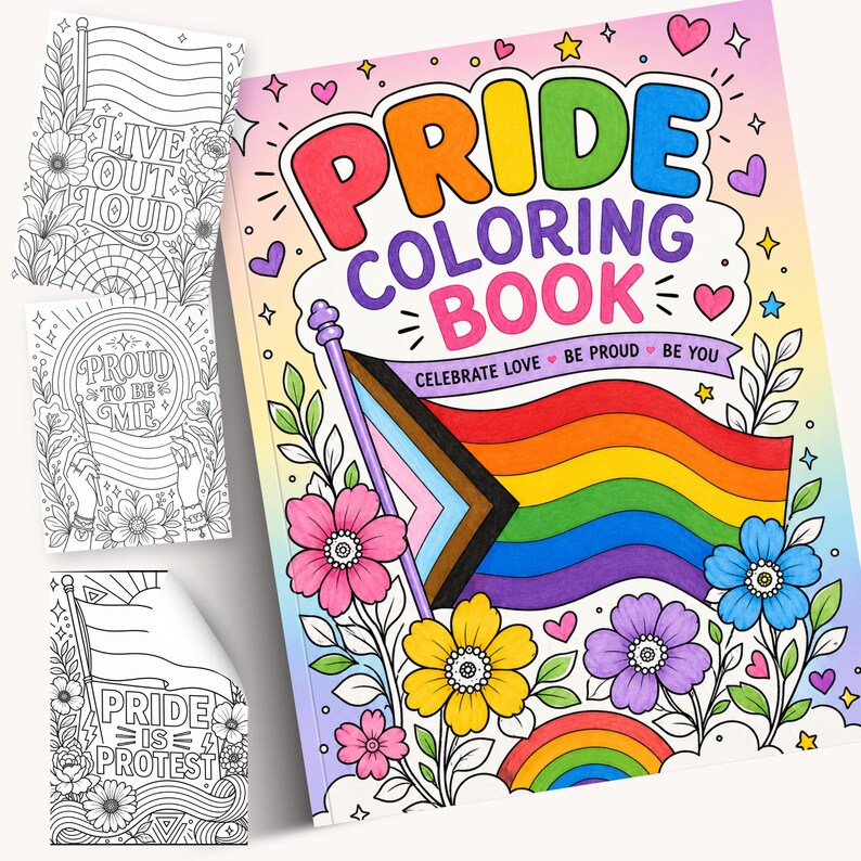 Digital LGBTQ+ affirmation coloring pages, Pride Month activity, printable art. Happy Pride