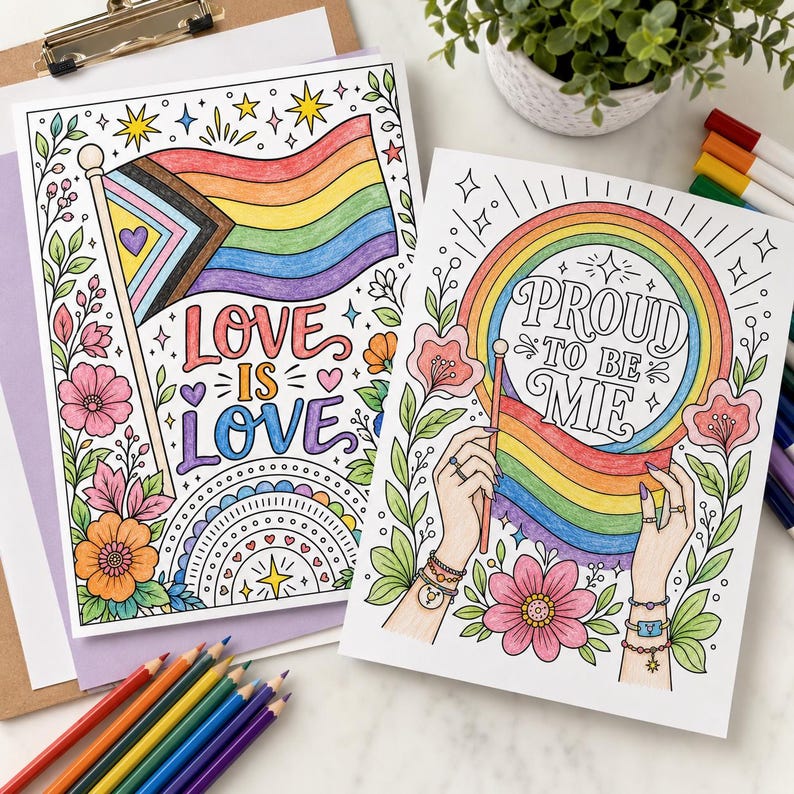 Printable Pride coloring pages, LGBTQ+ affirmations "Love is Love" and "Proud to be Me" with rainbow flags and florals.