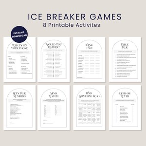 May include: Eight printable ice breaker games with titles like "What's on Your Phone?" and "Would You Rather?" are displayed on white cards. The text "Instant Download" is in a navy blue circle at the top left.