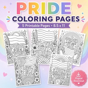 Digital LGBTQ+ affirmation coloring pages, Pride Month activity, printable art.
