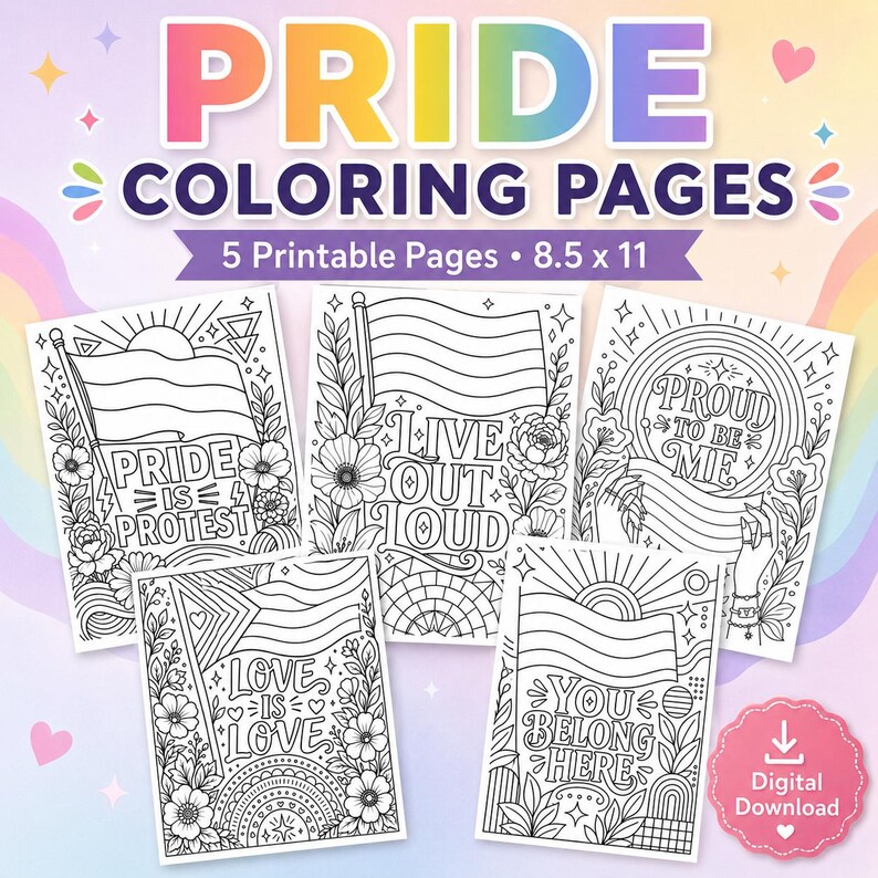 Digital LGBTQ+ affirmation coloring pages, Pride Month activity, printable art.
