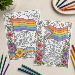 Printable LGBTQ Pride coloring pages with rainbow flags, flowers, and affirming phrases for creative self-expression.