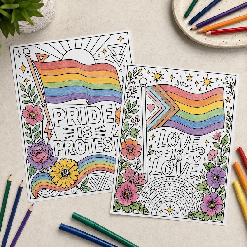 Printable LGBTQ Pride coloring pages with rainbow flags, flowers, and affirming phrases for creative self-expression.