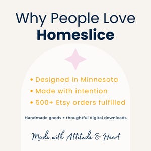 Why People Love Homeslice info card highlighting shop highlights: designed in Minnesota, made with intention, 500-plus Etsy orders fulfilled, handmade goods plus thoughtful digital downloads, Made with Attitude and Heart.