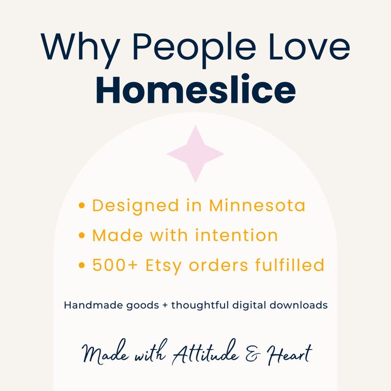 Why People Love Homeslice info card highlighting shop highlights: designed in Minnesota, made with intention, 500-plus Etsy orders fulfilled, handmade goods plus thoughtful digital downloads, Made with Attitude and Heart.