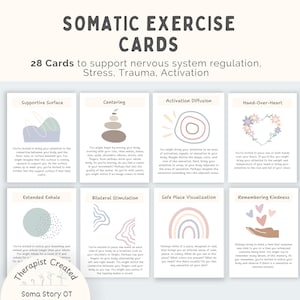 Pode incluir: Um conjunto de 28 cartões de exercícios somáticos projetados para apoiar a regulação do sistema nervoso, o estresse, o trauma e a ativação. Cada cartão apresenta um exercício único com ilustrações e texto.