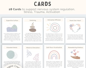Puede incluir: Un juego de 28 tarjetas de ejercicios somáticos diseñadas para apoyar la regulación del sistema nervioso, el estrés, el trauma y la activación. Cada tarjeta presenta un ejercicio único con ilustraciones y texto.