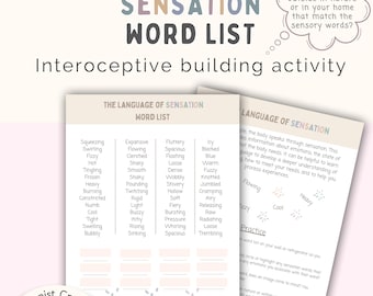 Somatic Therapy Interoception Worksheet & Sensation Word Vocab List: Interoceptive Awareness (PDF Download)