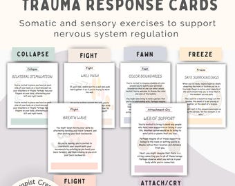 Könnte beinhalten: Trauma-Reaktionskarten mit somatischen und sensorischen Übungen zur Unterstützung der Regulierung des Nervensystems. Die Karten sind mit Begriffen wie "Collapse", "Fight", "Fawn" und "Freeze" beschriftet. Die Karten haben Textbeschreibungen.