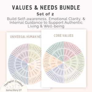 Puede incluir: Un conjunto de dos carteles educativos con el título "VALUES & NEEDS BUNDLE". Los carteles presentan diagramas circulares con palabras como "Enjoyment", "Peace" y "Core Values". El texto "Build Self-awareness" también es visible.