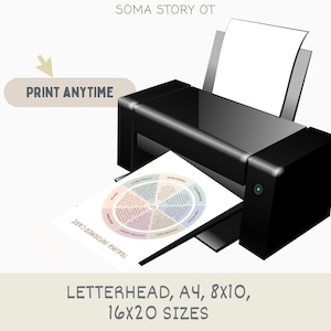Op de afbeelding: Een zwarte printer drukt een document af met een cirkelvormig diagram. Het diagram is getiteld "TRAUMA-INFORMED CARE". De tekst "PRINT ANYTIME" staat boven de printer. De afbeelding bevat ook de tekst "LETTERHEAD, A4, 8x10, 16x20 SIZES".