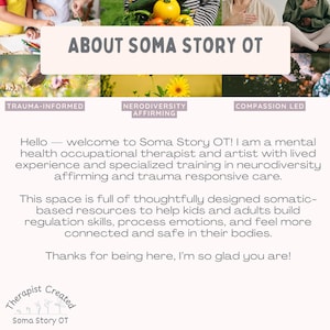 Puede incluir: Imagen promocional de Soma Story OT, con el texto "ABOUT SOMA STORY OT". La imagen incluye las frases "TRAUMA-INFORMED", "NERODIVERSITY AFFIRMING" y "COMPASSION LED". El texto describe los servicios de un terapeuta ocupacional de salud mental.