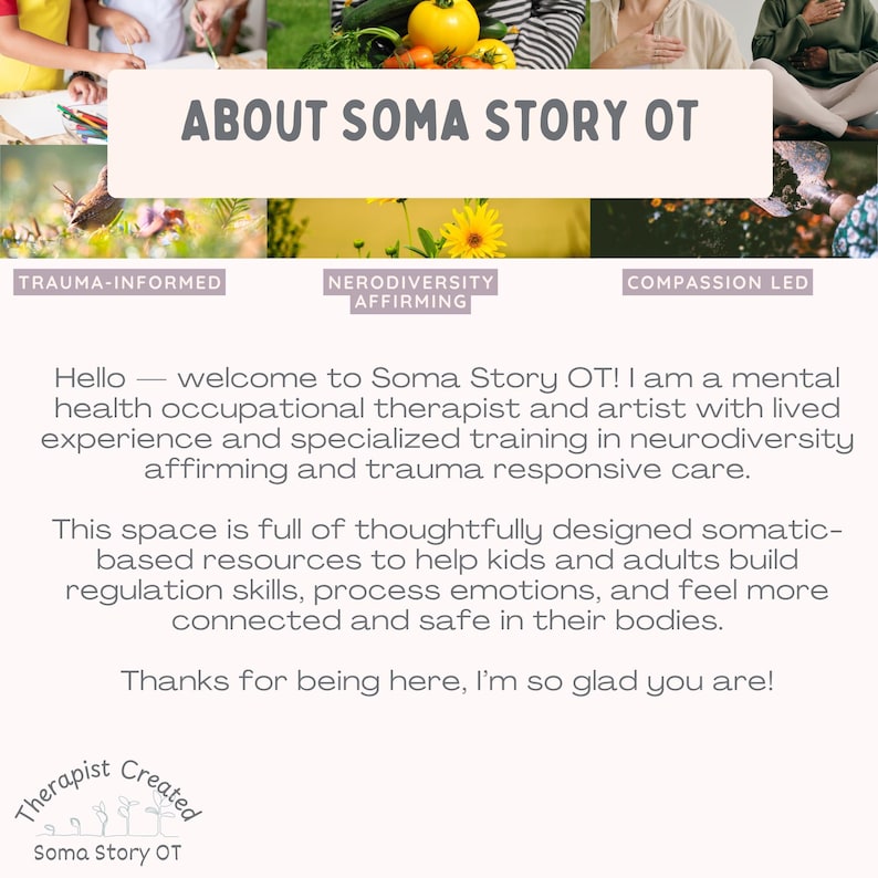 Puede incluir: Imagen promocional de Soma Story OT, con el texto "ABOUT SOMA STORY OT". La imagen incluye las frases "TRAUMA-INFORMED", "NERODIVERSITY AFFIRMING" y "COMPASSION LED". El texto describe los servicios de un terapeuta ocupacional de salud mental.