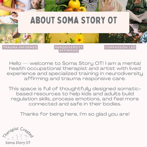 Op de afbeelding: Promotieafbeelding voor Soma Story OT, met de tekst "ABOUT SOMA STORY OT" prominent weergegeven. De afbeelding bevat ook de zinnen "TRAUMA-INFORMED", "NERODIVERSITY AFFIRMING" en "COMPASSION LED". De tekst beschrijft de diensten van een ergotherapeut in de geestelijke gezondheidszorg.
