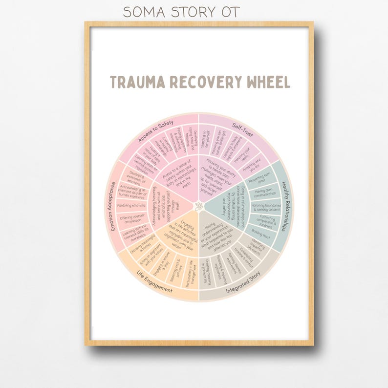 Puede incluir: Impresi&oacute;n enmarcada con el t&iacute;tulo "TRAUMA RECOVERY WHEEL" y un diagrama circular. El diagrama est&aacute; dividido en secciones con textos como "Access to Safety" y "Self-Trust". El marco es de color madera clara.
