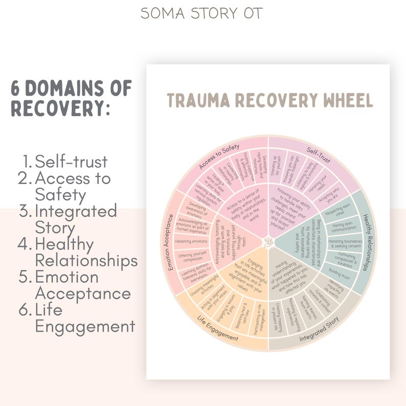 Puede incluir: Un diagrama titulado "Trauma Recovery Wheel" con seis dominios de recuperaci&oacute;n: Confianza en uno mismo, Acceso a la seguridad, Historia integrada, Relaciones saludables, Aceptaci&oacute;n de las emociones y Compromiso con la vida. El diagrama es colorido.