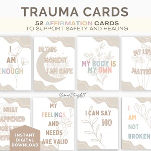 Tarjetas de afirmación para recuperarse de un trauma, tarjetas de afirmación para afrontar un trauma, afirmaciones positivas, baraja de cartas de afirmación, baraja de cartas imprimible