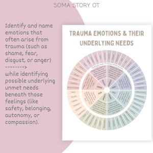 May include: A circular chart titled Trauma Emotions & Their Underlying Needs, featuring segments for emotions like anger, fear, and shame, with corresponding needs listed in outer rings. The text SOMA STORY OT appears at the top of the page.