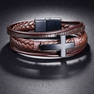 Genuine Leather Cross Bracelet, 3 Sizes 7 Variations, Magnetic Clasp, Free Gift Box, Men's Christian Bracelet, Boyfriend Gift, Husband Gift