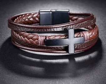 Bracelet croix en cuir véritable, 3 tailles, 7 variantes, fermoir magnétique, coffret cadeau gratuit, bracelet chrétien pour homme, cadeau petit ami, cadeau mari