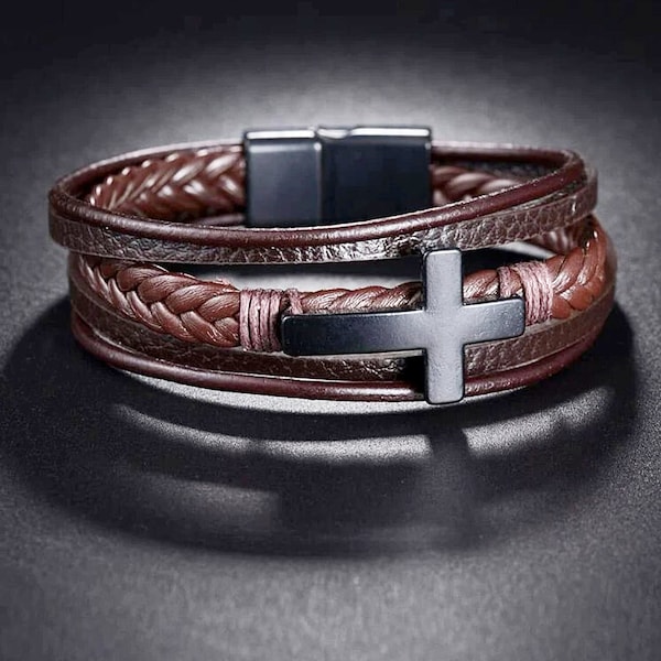 Bracelet croix en cuir véritable, 3 tailles, 7 variantes, fermoir magnétique, coffret cadeau gratuit, bracelet chrétien pour homme, cadeau petit ami, cadeau mari