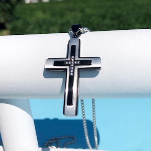Zilveren en zwarte diamanten kruisketting, roestvrijstalen ketting, gratis geschenkdoos, christelijke ketting, herenkruisketting, herencadeau