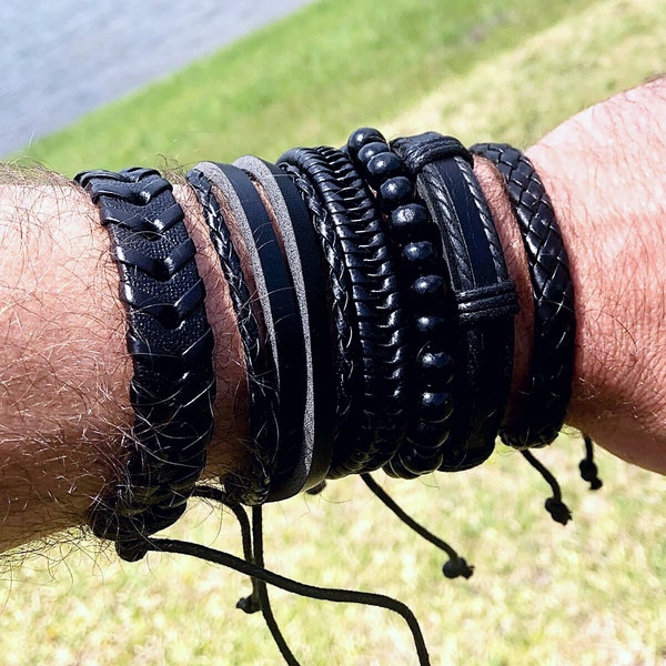Ensemble de 6 bracelets réglables en cuir noir, boîte-cadeau gratuite, bracelets pour homme, cadeau pour homme, coffret cadeau, festival de concerts, superposition de bracelets