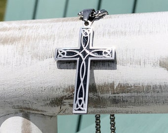 Silver and Black 2 Layer Cross Necklace, Stainless Steel, Free Gift Box, Men's Christian Necklace, Religious Jewelry Gift, Men's Gift