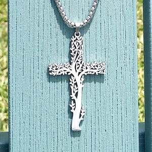 Kruisketting levensboom, gesmeed roestvrij staal, gratis geschenkdoos, christelijke ketting, christelijk gegraveerde ketting, religieus geschenk, Jezus