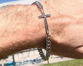 Silver Cuban Link Bracelet, Black Diamond Cross Pendant, Stainless Steel, Free Gift Box, Men's Bracelet, Men's Gift, Christian Gift, Bling