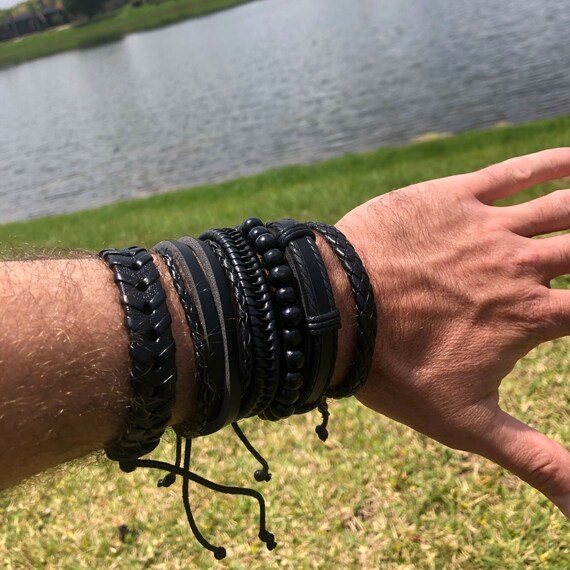 6 Piece Adjustable Black Leather Bracelet Set Free Gift Wrap - Etsy