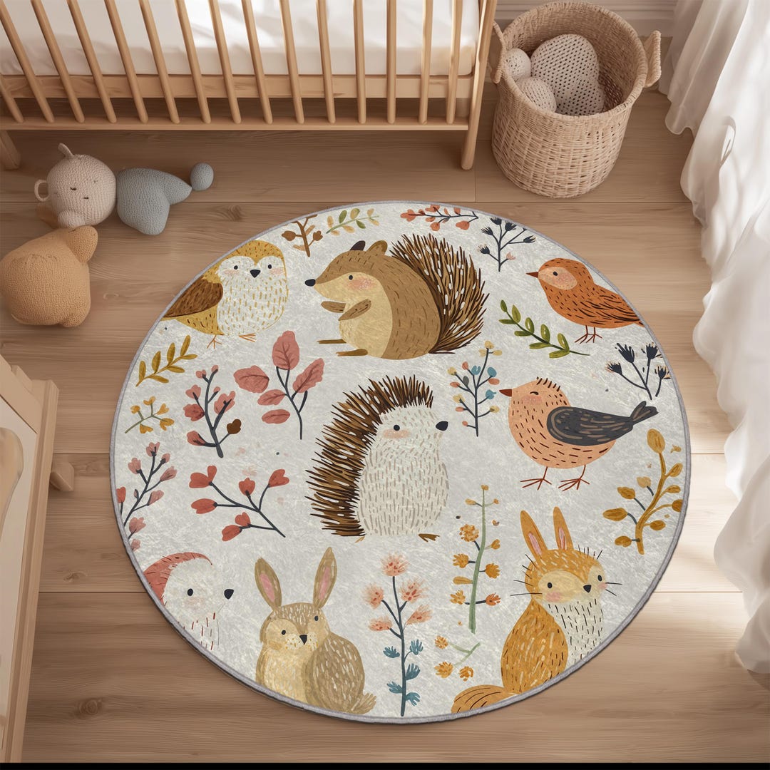 Woodland Animals Nursery Rug: Round Baby Mat, Earth Tones - Etsy