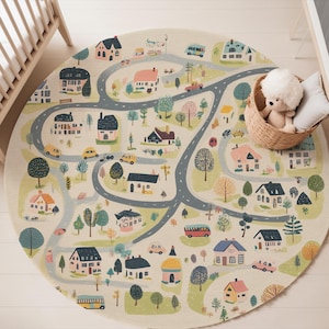 Soft Non-Slip Kids Playroom Rug with City Roads Map, Washable Nursery Carpet, Interactive Town Design for Boys & Girls Room Decor