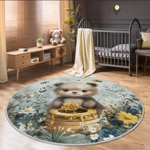 Non-Slip Bear Rug for Kids Room – Cute Nursery Round Carpet with Honey Bee Design
