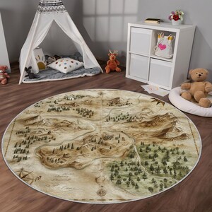 Vintage tapijt fantasiekaart - zacht antislip vloerkleed voor kinder- en speelkamer - decoratief tapijt met avontuurthema