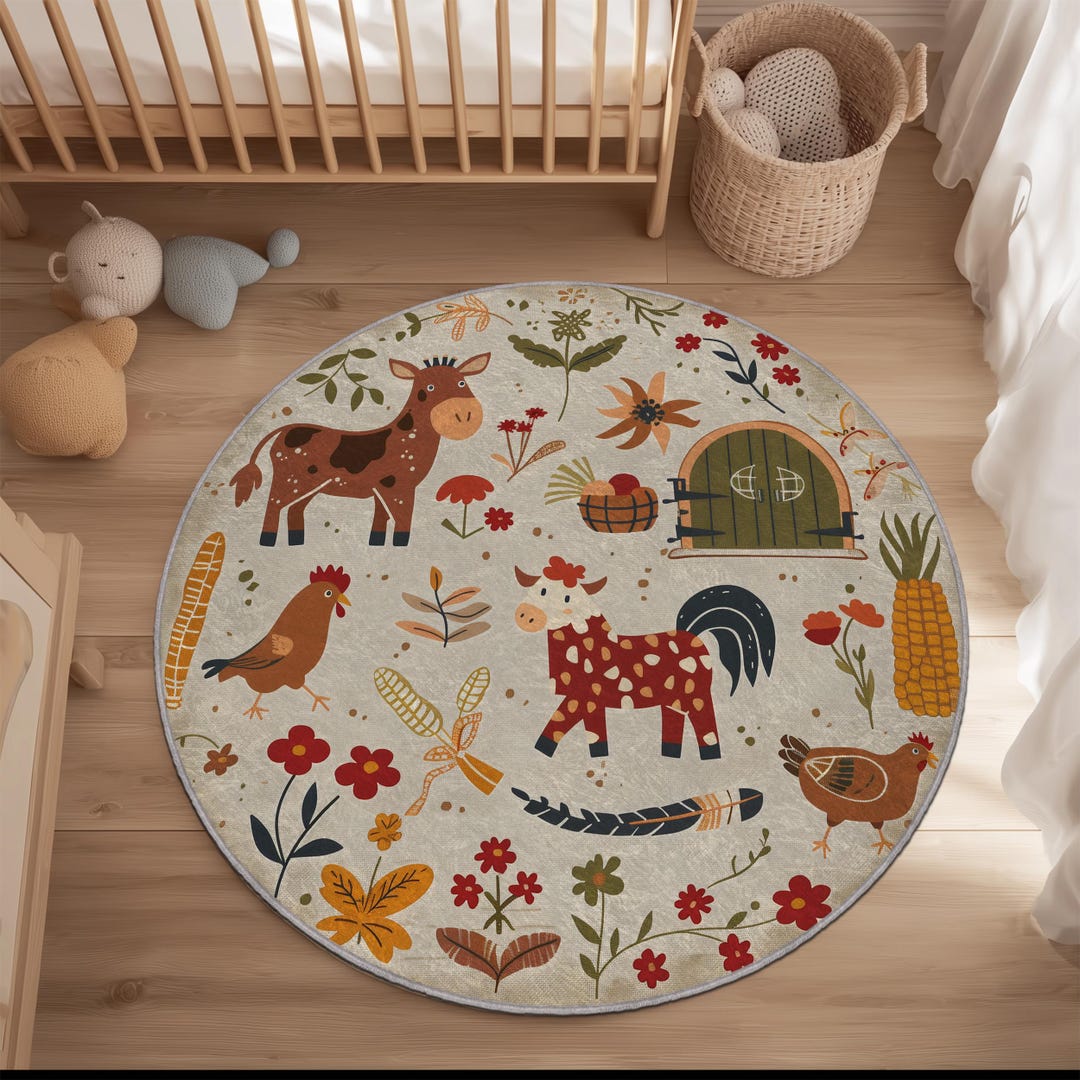 Farm Animal Kids Rug: Round Nursery Carpet, Playroom Decor - Etsy
