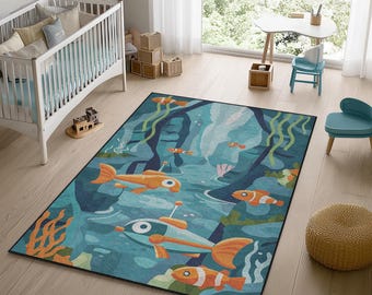 Fish Ocean Theme Kids Rug, Nursery Playroom Anti-Slip Mat