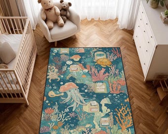May include: A rectangular area rug with a vibrant underwater scene. The rug features a dark teal background with coral, jellyfish, and other sea creatures in shades of orange, pink, and green. The rug is placed on a wooden floor.