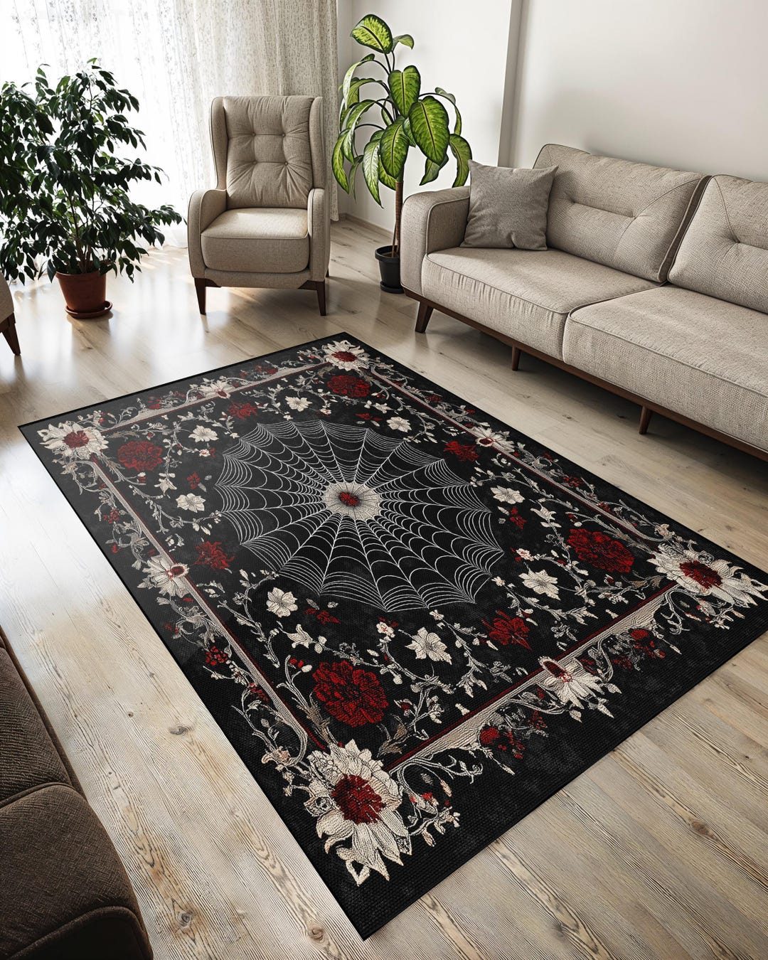 Gothic Spider Web Rug: Red Floral Velvet, Anti-slip Area Carpet - Etsy
