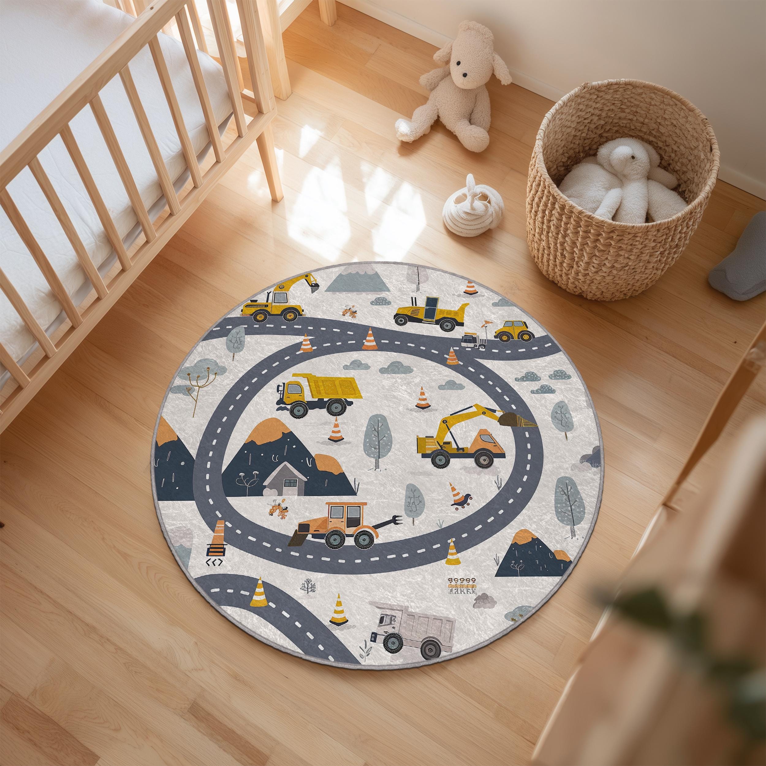 Construction Site Rug, Neutral Kids Room Decor, Round Play Mat for ...